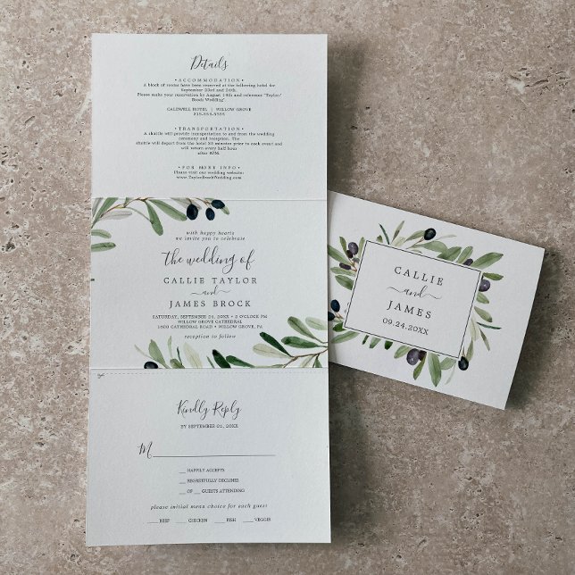 Modern Olive Branch Photo Wedding All In One Tri-Fold Invitation (Creator Uploaded)