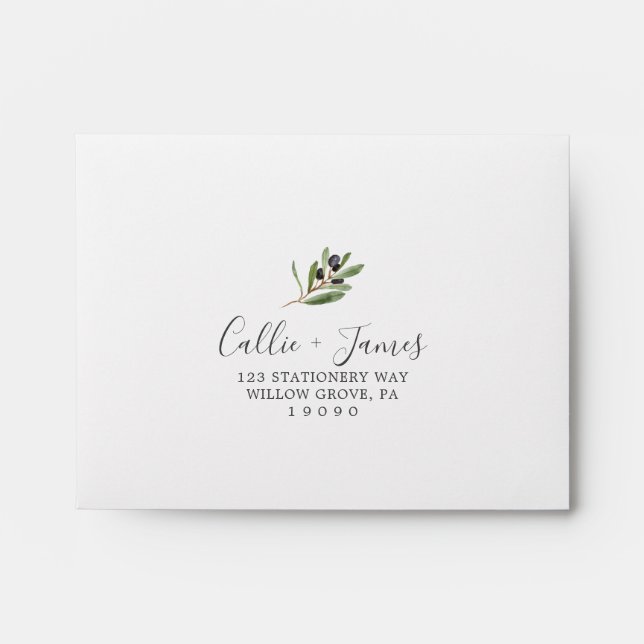 Modern Olive Branch Self-Addressed RSVP Envelope (Front)