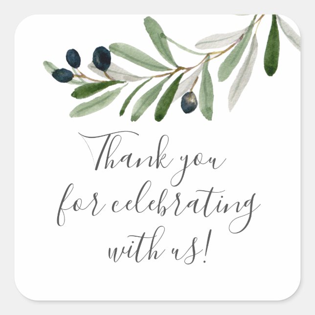 Modern Olive Branch Thank You Square Sticker (Front)
