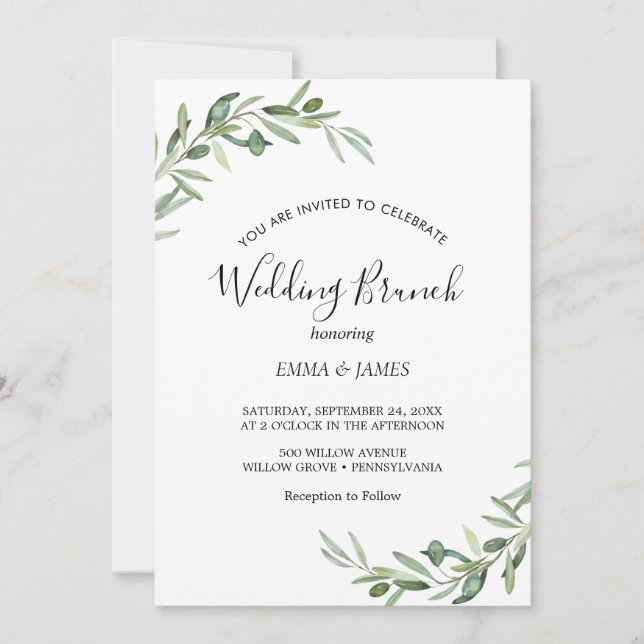 Modern Olive Branch Wedding Brunch Invitation (Front)