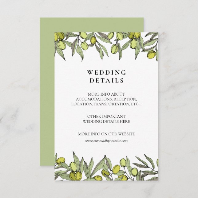 Modern Olive branch wedding details card (Front/Back)