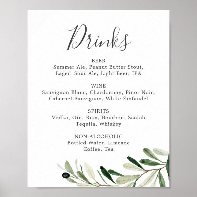 Modern Olive Branch Wedding Drinks Menu Sign (Front)
