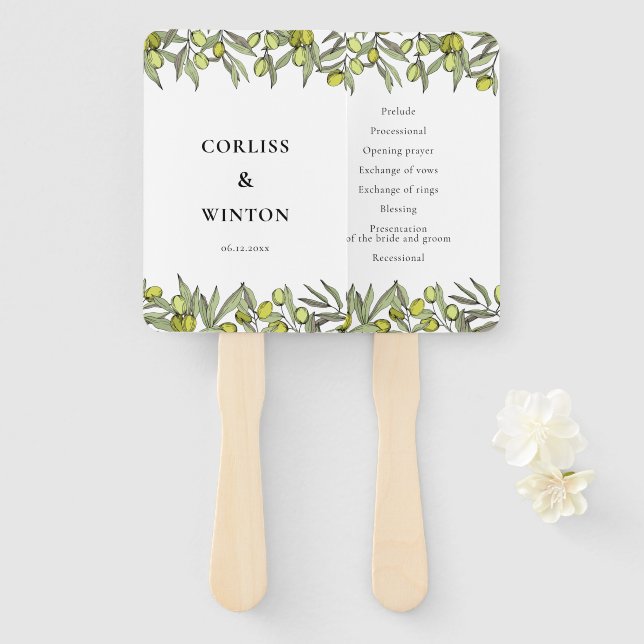 Modern Olive branch wedding program  Hand Fan (Front and Back)