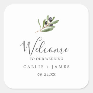 Modern Olive Branch Wedding Welcome Square Sticker