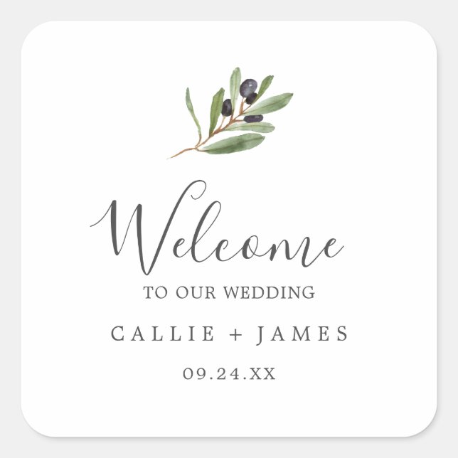 Modern Olive Branch Wedding Welcome Square Sticker (Front)