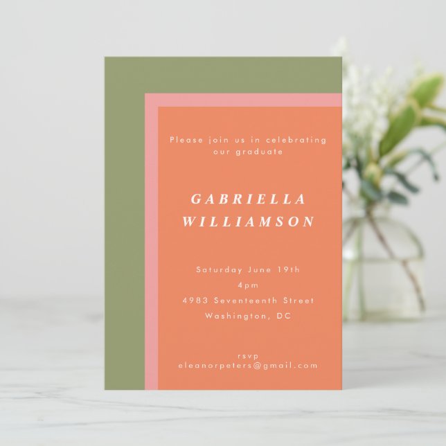Modern Olive Coral Colorblock Grad Party Minimal Invitation (Standing Front)