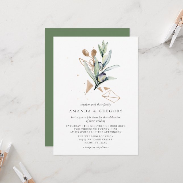 Modern Olive Golden Branch Wedding Invitation (Front/Back In Situ)