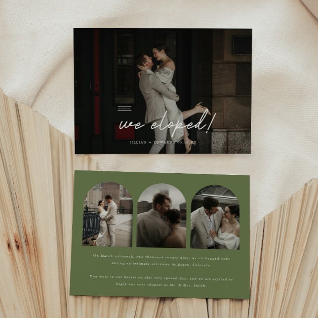 Modern Olive Green 4-Photo Arch Wedding Elopement Announcement (Creator Uploaded)