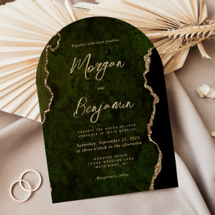 Modern Olive Green Agate Script Arch Wedding Invitation