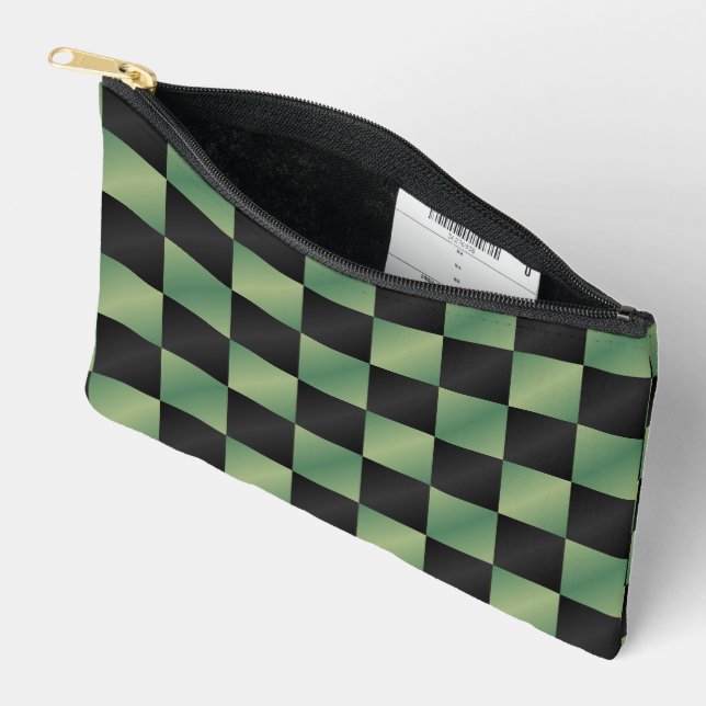 Modern Olive Green Black Gradient Chequered  Accessory Pouch (Open)