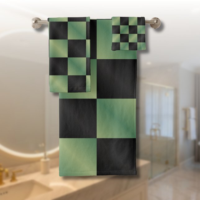Modern Olive Green Black Gradient Chequered  Bath Towel Set (Creator Uploaded)