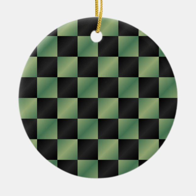 Modern Olive Green Black Gradient Chequered  Ceramic Ornament (Front)