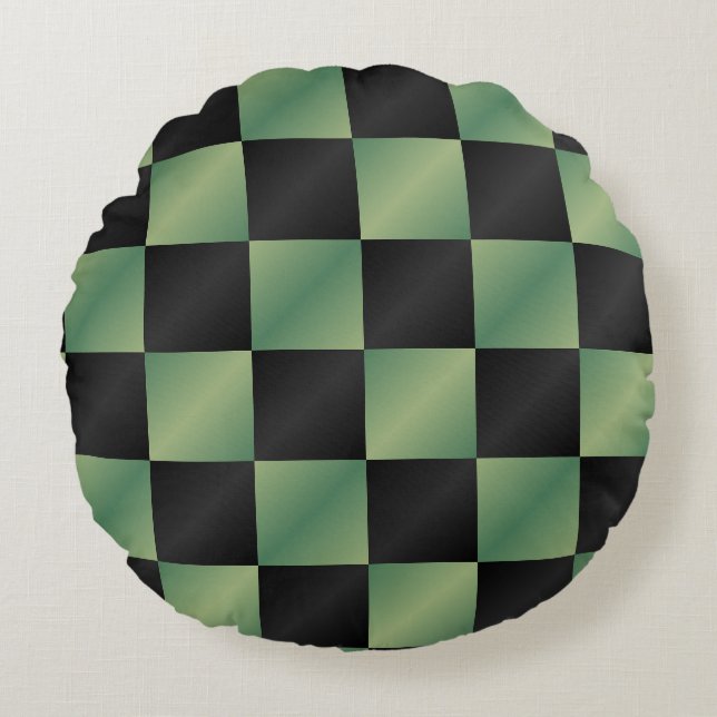 Modern Olive Green Black Gradient Chequered  Round Cushion (Front)
