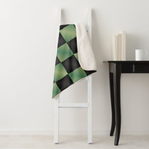Modern Olive Green Black Gradient Chequered Sherpa Blanket