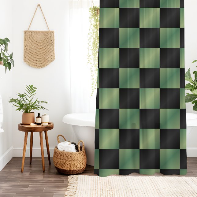 Modern Olive Green Black Gradient Chequered  Shower Curtain (Creator Uploaded)