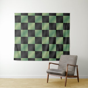Modern Olive Green Black Gradient Chequered Tapestry