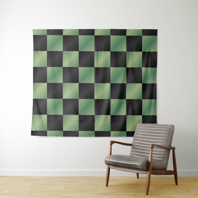 Modern Olive Green Black Gradient Chequered  Tapestry (In Situ (Horizontal))