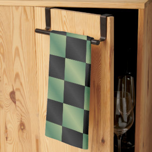 Modern Olive Green Black Gradient Chequered  Tea Towel