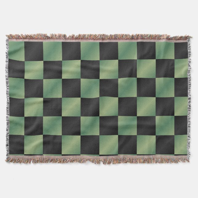 Modern Olive Green Black Gradient Chequered  Throw Blanket (Front)