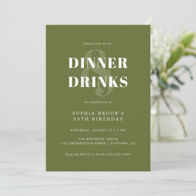 Modern Olive Green Bold Typography Birthday Dinner Invitation (Standing Front)