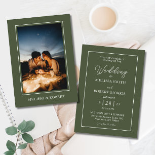 Modern Olive Green Calligraphy Photo Wedding Invitation