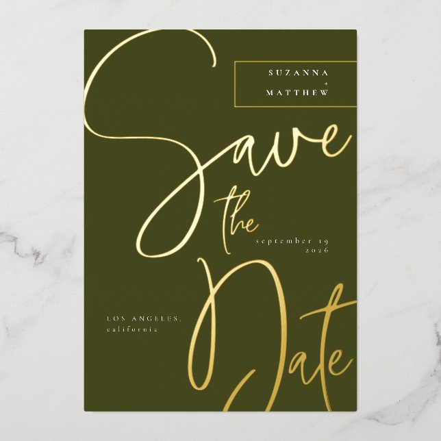 Modern Olive Green Calligraphy Save the Date (Front)