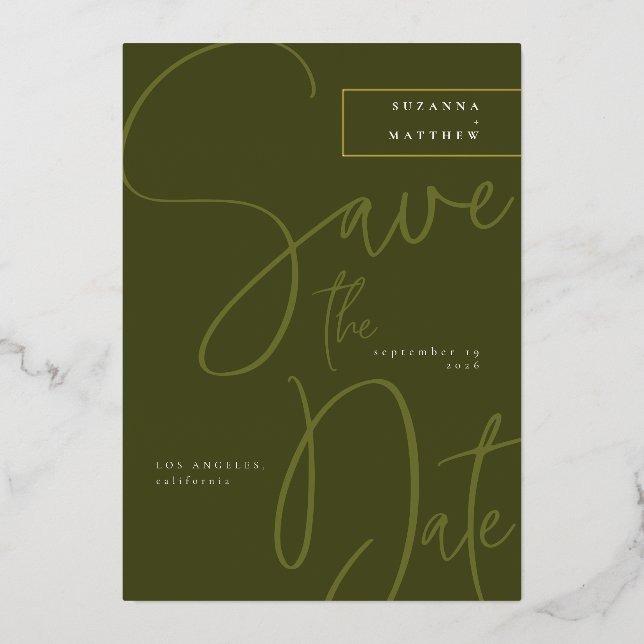 Modern Olive Green Calligraphy Save the Date (Front)