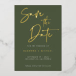 Modern Olive Green Calligraphy Script Wedding<br><div class="desc">Modern Olive Green Gold Foil Calligraphy Script Wedding Save the Date Card with gold foil. Change foil colour to another colour if you like. Background colour can also be changed.</div>