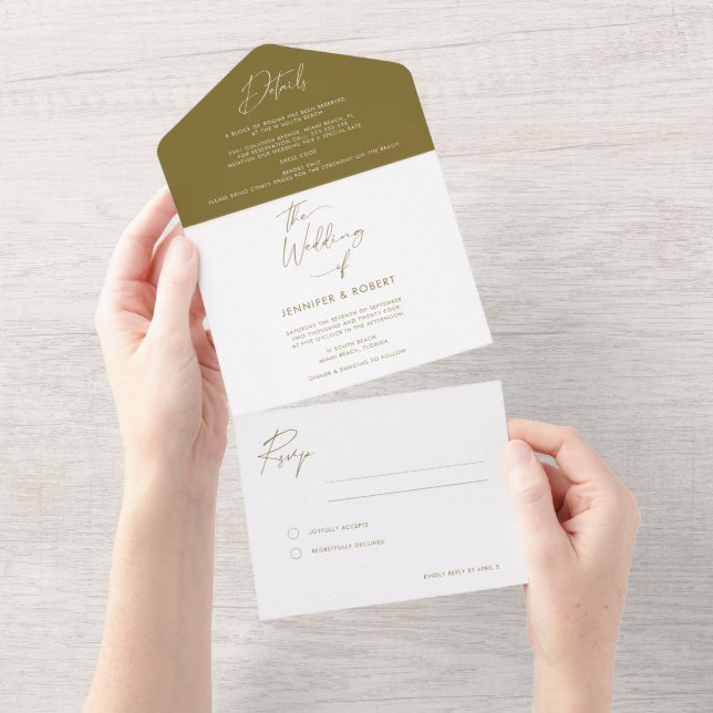 Modern Olive Green Calligraphy Script Wedding All In One Invitation (Tearaway)