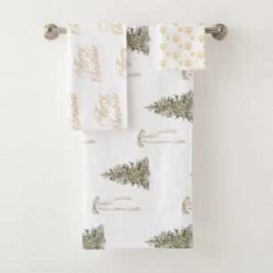Modern Olive Green Christmas Trees & Bows Bath Towel Set