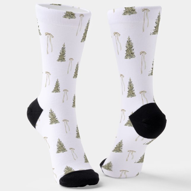 Modern Olive Green Christmas Trees & Bows  Socks (Creator Uploaded)