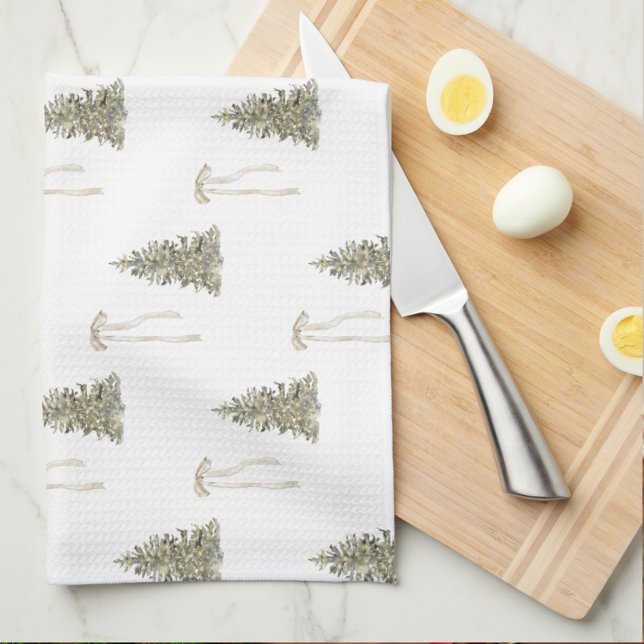 Modern Olive Green Christmas Trees & Bows  Tea Towel (Creator Uploaded)
