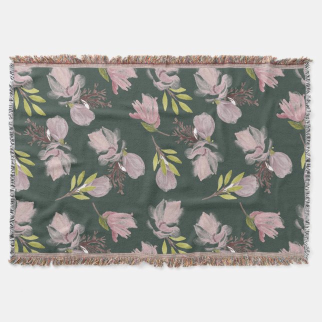 Modern olive green cosy floral pattern stylish throw blanket (Front)