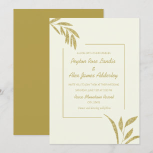 Modern Olive Green Cream Gold Leaves Wedding Invitation