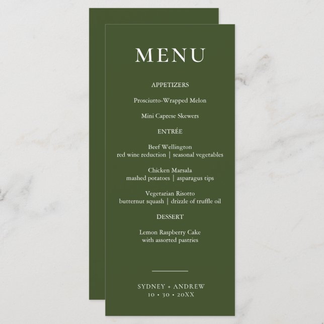 Modern Olive Green Elegant Wedding  Menu (Front/Back)