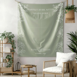 Modern Olive Green French Roses Wedding Backdrops Tapestry