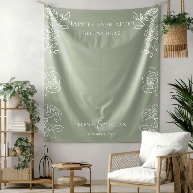 Modern Olive Green French Roses Wedding Backdrops Tapestry (Creator Uploaded)