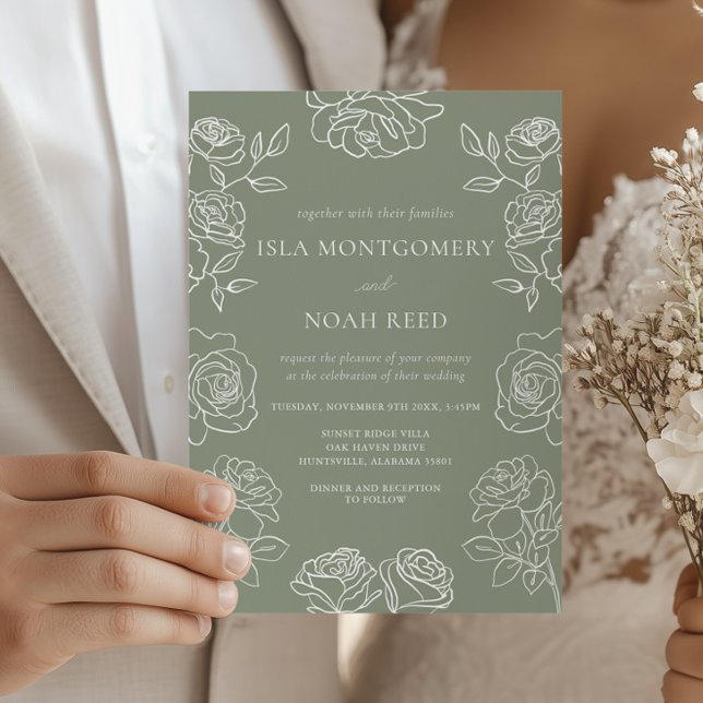 Modern Olive Green French Roses Wedding Invitation (Creator Uploaded)