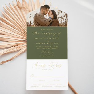 Modern Olive Green Gold Foil Script Photo Wedding All In One Invitation