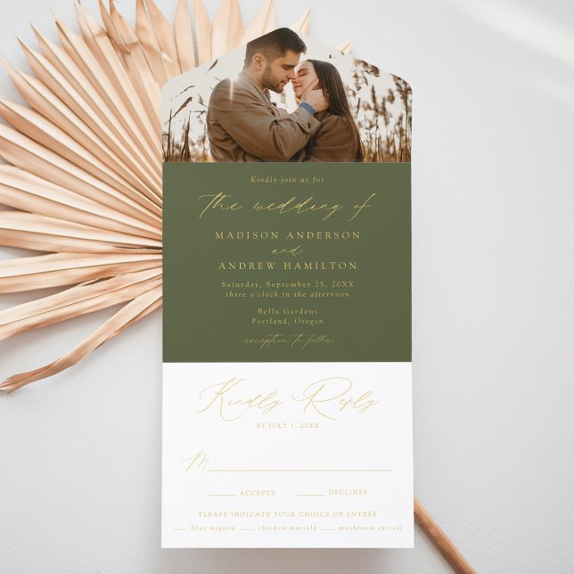 Modern Olive Green Gold Foil Script Photo Wedding All In One Invitation (Creator Uploaded)