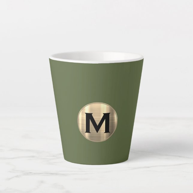 Modern Olive Green Gold Monogram Latte Mug (Front)
