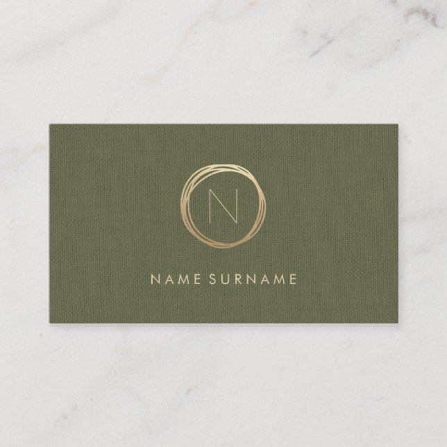 Modern Olive Green Linen Elegant Gold Monogram Business Card (Front)