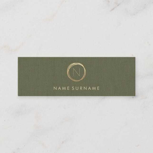 Modern Olive Green Linen Elegant Gold Monogram Mini Business Card (Front)