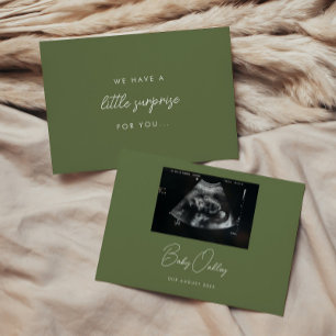 Modern Olive Green "Little Surprise" Pregnancy Announcement