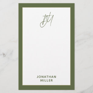 Modern Olive Green Monogram Stationery