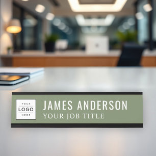 Modern Olive Green Personalised Business Logo Desk Name Plate