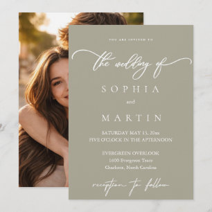Modern Olive Green Photo Wedding Invitation