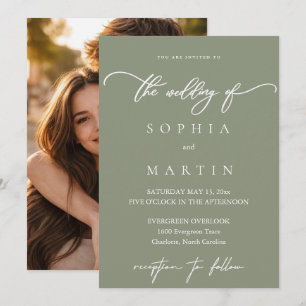 Modern Olive Green Photo Wedding Invitation