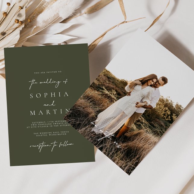 Modern Olive Green Photo Wedding Invitation (Creator Uploaded)