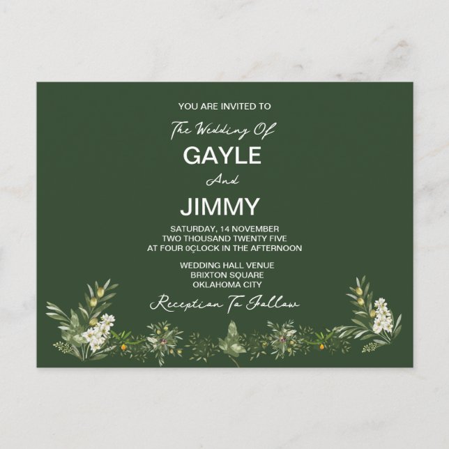 Modern Olive Green Photo Wedding Invitation Postcard (Front)